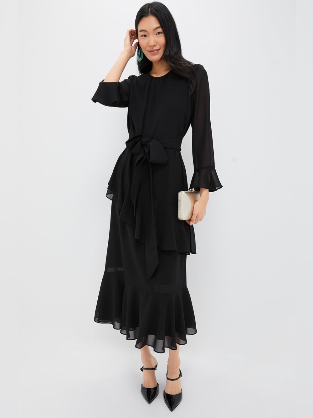 Tuckernuck Sasha Black Long Sleeve Tiered Ruffle Midi Dress